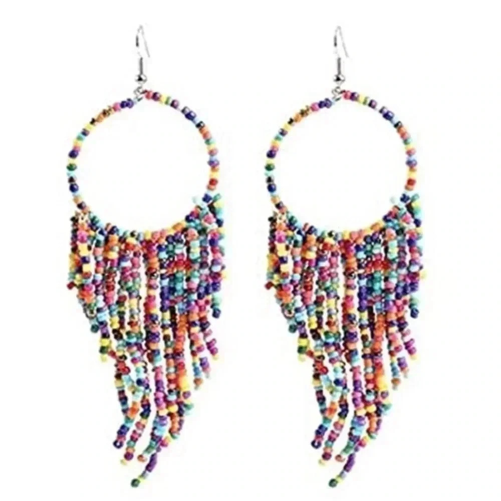 Rainbow Multicolor Seed Bead Circle & Tassel Large Drop Earrings NWT